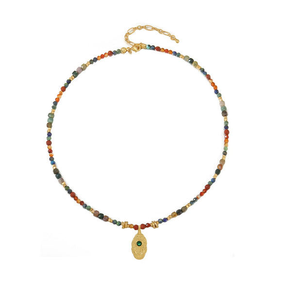 Pendant Necklace Copper Red Agate Elephant Handmade Geometric Leaves French Retro Style