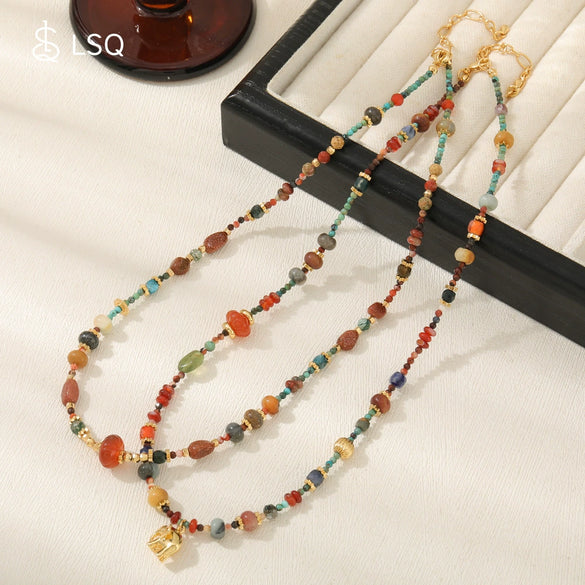 Pendant Necklace Copper Red Agate Elephant Handmade Geometric Leaves French Retro Style