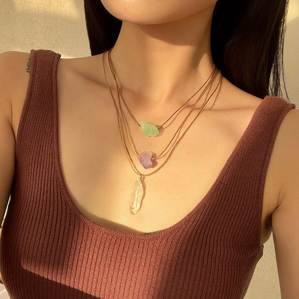 Pendant Necklace Crystal Wax Thread Stone Geometric Style