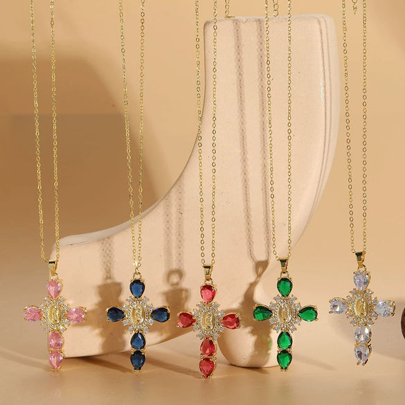 Pendant Necklace Female Niche Fashion Cross Virgin Portrait Copper Mixed Gem Inlay Electroplating Zircon Ochain