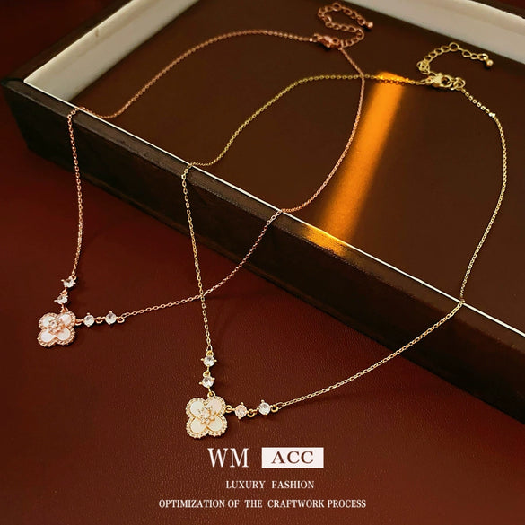 Pendant Necklace Flower Pattern Motherofpearl Real Gold Electroplated Copper 925 Silver Zirconia Women's Light Luxury Style