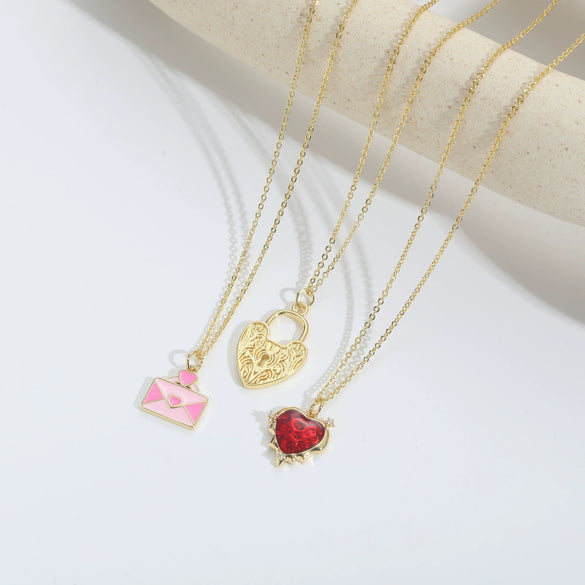 Pendant Necklace For Women Copper Geometric Shape Mixed Gemstone Setting Electroplating Heart Envelope Love Lock Design