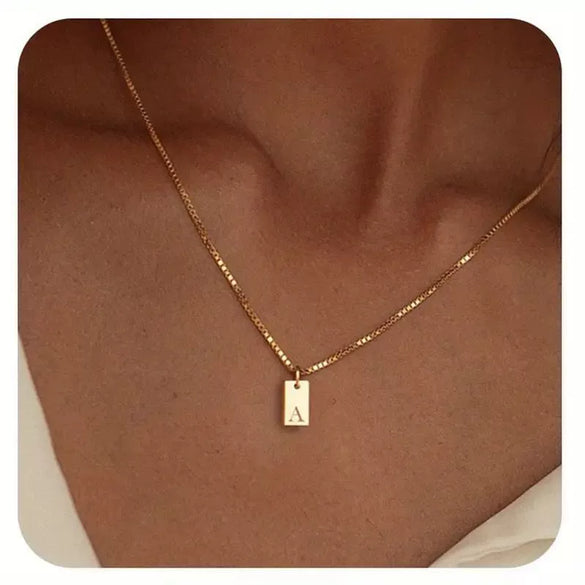 Pendant Necklace Geometric Titanium Steel Engraving Square Letter Style 14K Gold Plated