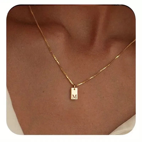 Pendant Necklace Geometric Titanium Steel Engraving Square Letter Style 14K Gold Plated