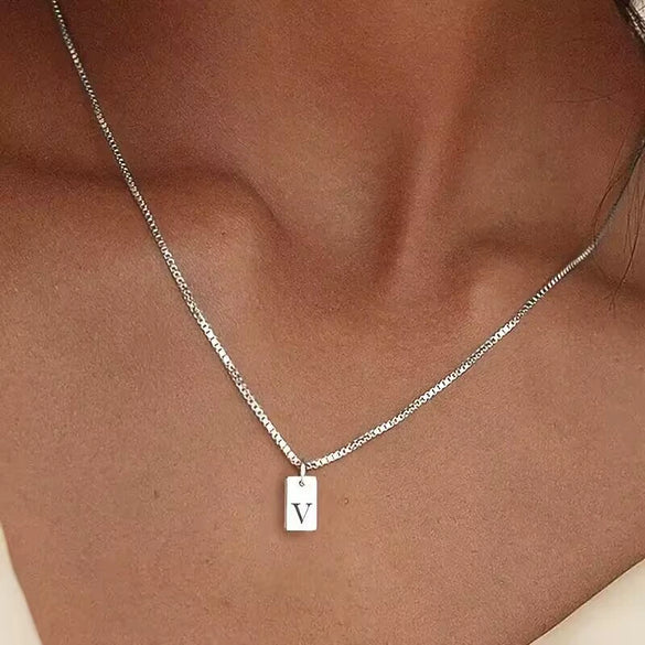 Pendant Necklace Geometric Titanium Steel Engraving Square Letter Style 14K Gold Plated
