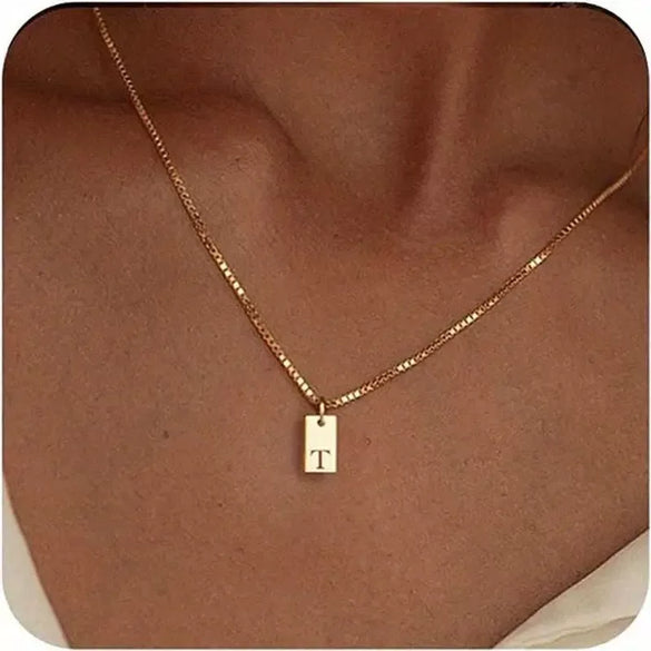 Pendant Necklace Geometric Titanium Steel Engraving Square Letter Style 14K Gold Plated