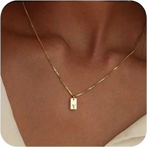 Pendant Necklace Geometric Titanium Steel Engraving Square Letter Style 14K Gold Plated