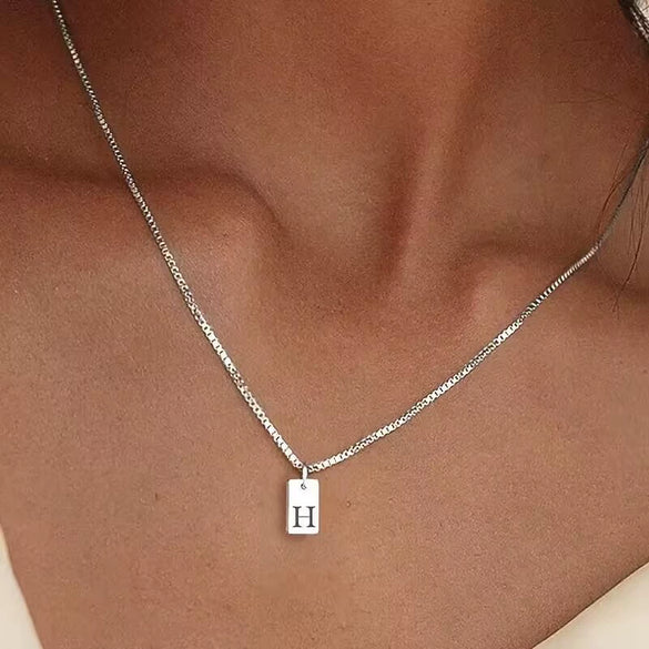 Pendant Necklace Geometric Titanium Steel Engraving Square Letter Style 14K Gold Plated