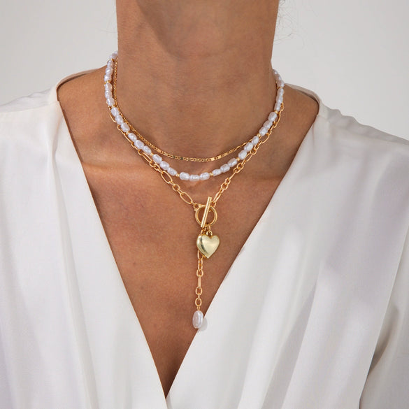 Pendant Necklace Imitation Pearl Beaded Geometric Alloy Electroplating Stacking Style Peach Heart