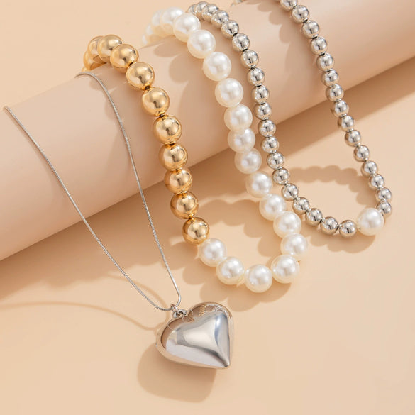 Pendant Necklace Imitation Pearl Heartshaped Geometric Electroplated Ball Chain Women's