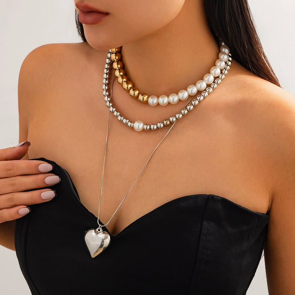 Pendant Necklace Imitation Pearl Heartshaped Geometric Electroplated Ball Chain Women's