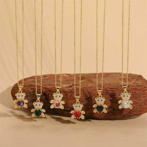 Pendant Necklace Jewelry Copper Mixed Gem Inlaid Animal Zodiac Electroplated Cute Bear Love Design Ochain