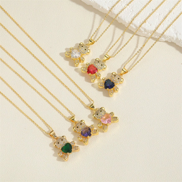 Pendant Necklace Jewelry Copper Mixed Gem Inlaid Animal Zodiac Electroplated Cute Bear Love Design Ochain