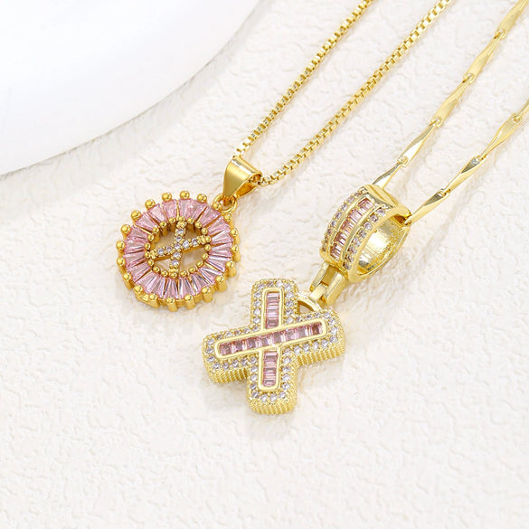 Pendant Necklace Jewelry Set Copper Inlaid With Zirconium Plated Real Gold Geometric Letter Round Flower Light Luxury Style