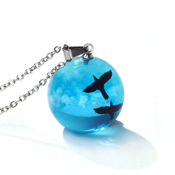 Pendant Necklace Matte Resin Crystal Ball Electroplating Blue Sky White Clouds Birds Creative Women's Cross Chain