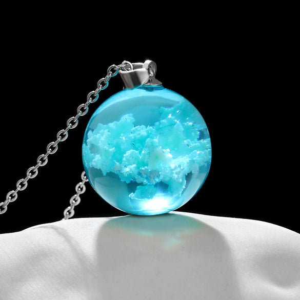 Pendant Necklace Matte Resin Crystal Ball Electroplating Blue Sky White Clouds Birds Creative Women's Cross Chain