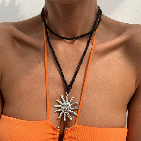 Pendant Necklace Metal Alloy Rope Geometric Sunflower Face Retro Electroplating For Women