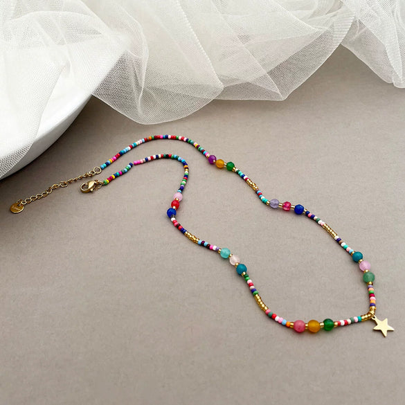 Pendant Necklace Multicolor Natural Stone Titanium Steel Fivepointed Star Exotic Bohemian Style Electroplated