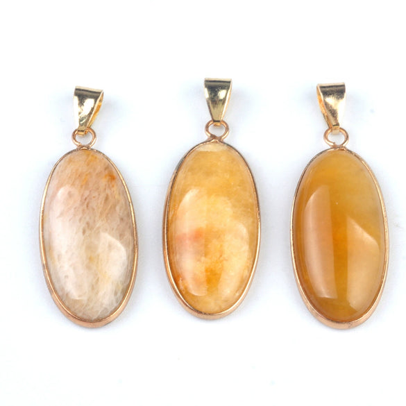 Pendant Necklace Natural Agate Crystal Semiprecious Stone Gilded Oval Polished Edging