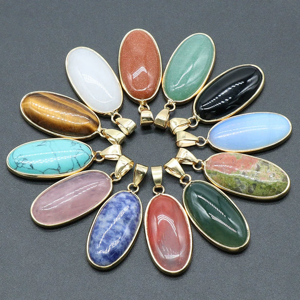 Pendant Necklace Natural Agate Crystal Semiprecious Stone Gilded Oval Polished Edging