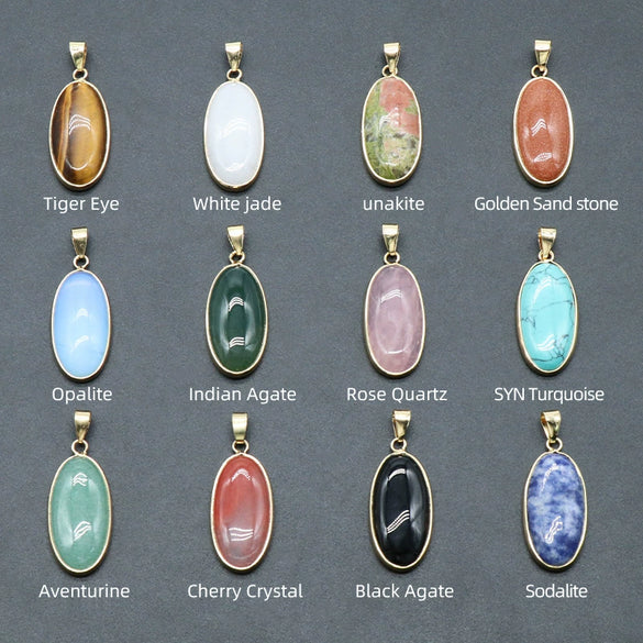 Pendant Necklace Natural Agate Crystal Semiprecious Stone Gilded Oval Polished Edging