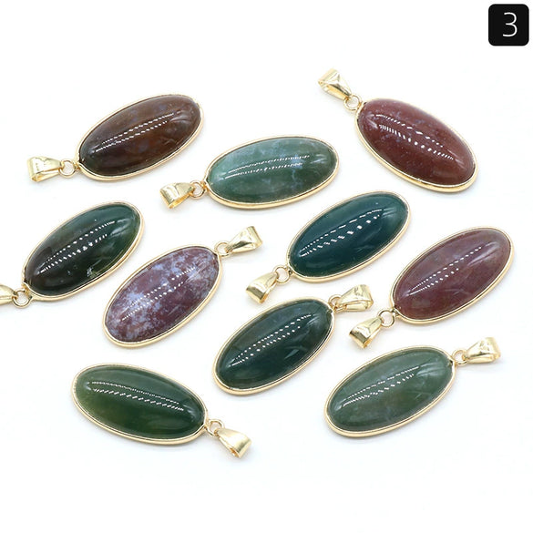 Pendant Necklace Natural Agate Crystal Semiprecious Stone Gilded Oval Polished Edging