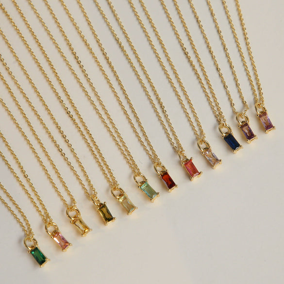 Pendant Necklace Real Gold Electroplated Rectangular Birthstone Colored Zirconium Brass Copper