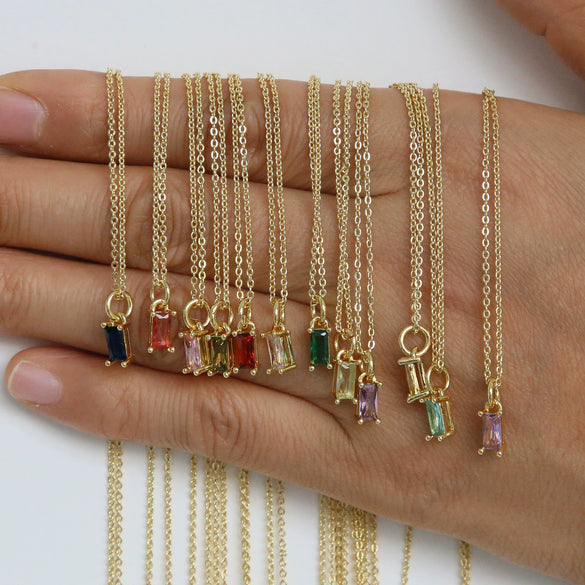 Pendant Necklace Real Gold Electroplated Rectangular Birthstone Colored Zirconium Brass Copper
