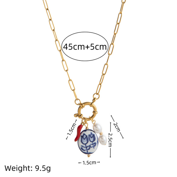Pendant Necklace Retro Style Titanium Steel Geometric Pattern Electroplating Unisex Pearl