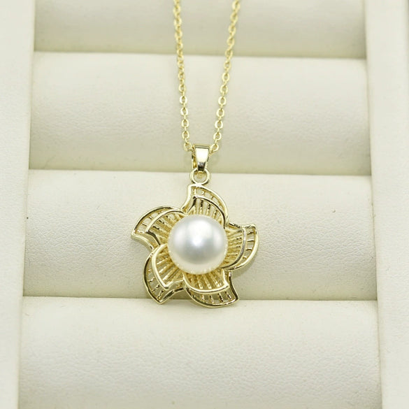 Pendant Necklace 925 Silver Copper Freshwater Pearl Hollow Flower Style