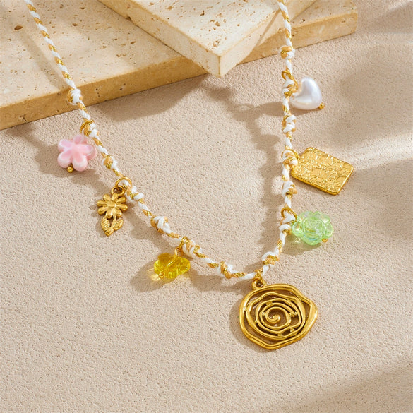 Pendant Necklace Stainless Steel Flower Geometric Heart Square Goldplated Knotted Braided Rope Style