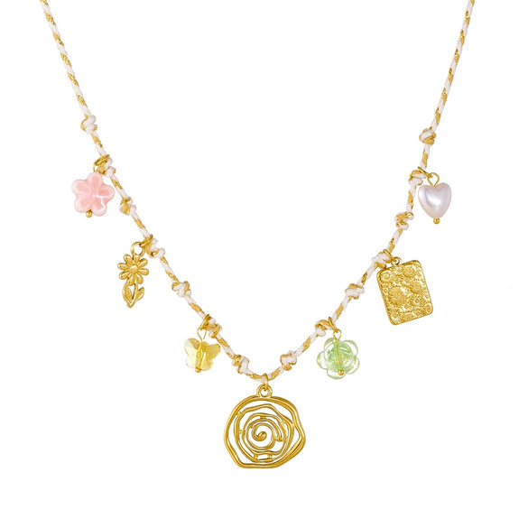 Pendant Necklace Stainless Steel Flower Geometric Heart Square Goldplated Knotted Braided Rope Style