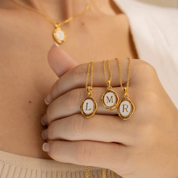 Pendant Necklace Stainless Steel Oval Dripping Oil Letter Pattern For Women