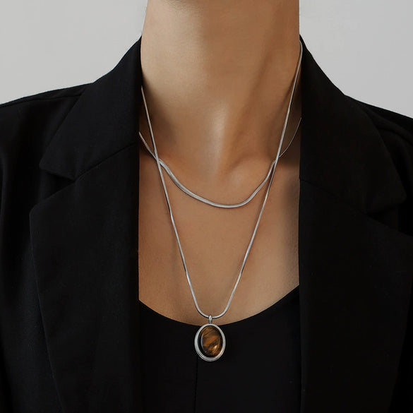 Pendant Necklace 316L Stainless Steel Oval Tiger Eye Stone Light Luxury Maillard Style Electroplating Geometry