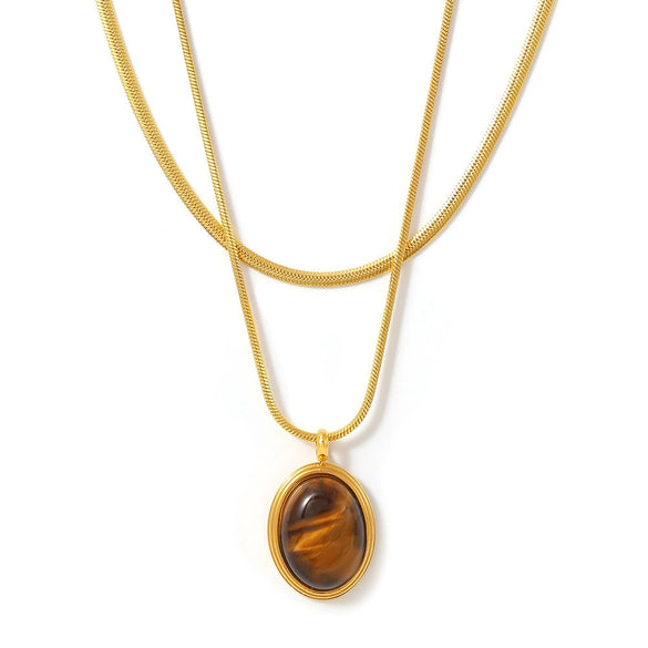 Pendant Necklace 316L Stainless Steel Oval Tiger Eye Stone Light Luxury Maillard Style Electroplating Geometry