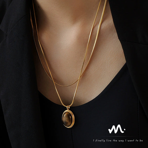 Pendant Necklace 316L Stainless Steel Oval Tiger Eye Stone Light Luxury Maillard Style Electroplating Geometry