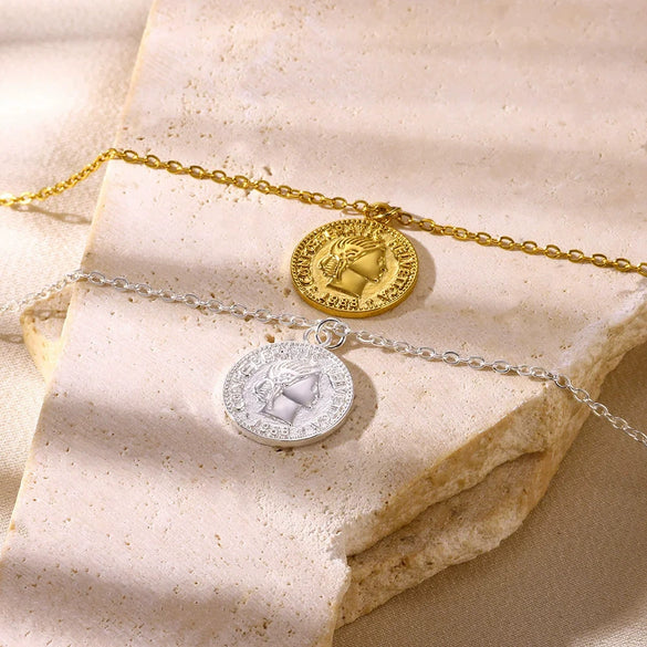 Pendant Necklace Stainless Steel Retro Portrait Three Dimensional Relief Coin Electroplated Unisex
