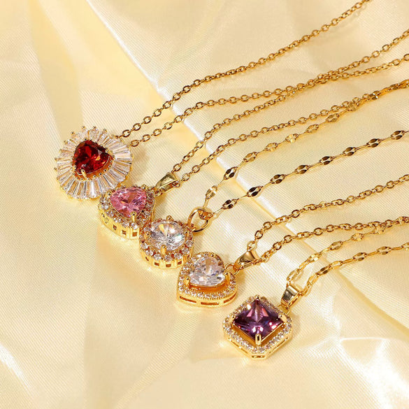 Pendant Necklace Stainless Steel Titanium Steel Geometric Electroplating Purple Square Zircon White Micro Set Zircon Chain