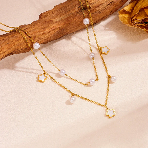 Pendant Necklace Titanium Steel Doublelayer Multiple Pearl Butterfly Love Fiveleaf Flower Geometric Style For Women