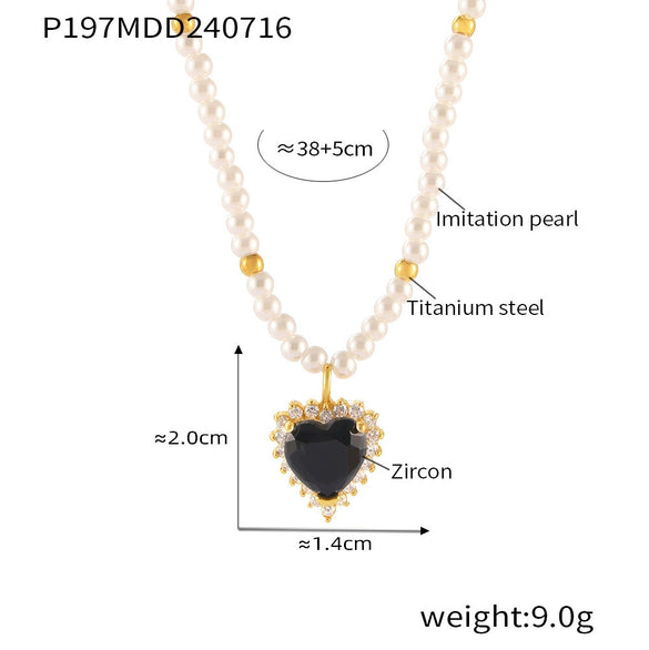 Pendant Necklace 316L Stainless Steel Gold Plated Peach Heart Inlaid Zircon Imitation Pearl Geometric Design