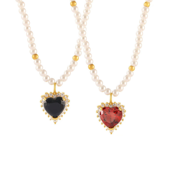Pendant Necklace 316L Stainless Steel Gold Plated Peach Heart Inlaid Zircon Imitation Pearl Geometric Design