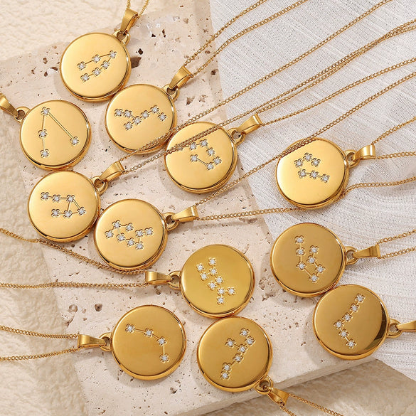 Pendant Necklace 316L Stainless Steel Inlaid Zircon Round Constellation Electroplating For Women
