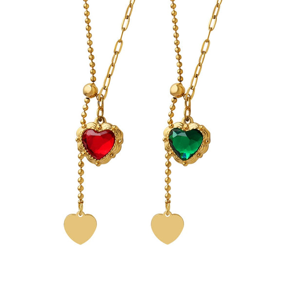 Pendant Necklace 316L Stainless Steel Mixed Gem Inlay Heart Geometric Tassel Adjustable French Lace Red And Green Zircon