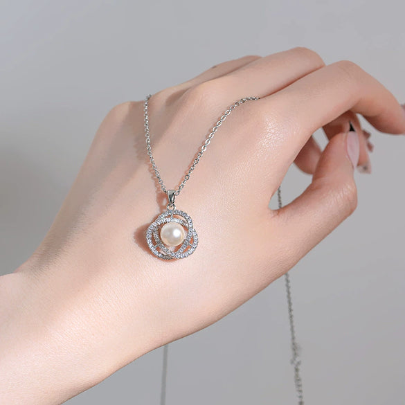 Pendant Necklace Titanium Steel Silver Pearl Diamond Geometric Style For Women