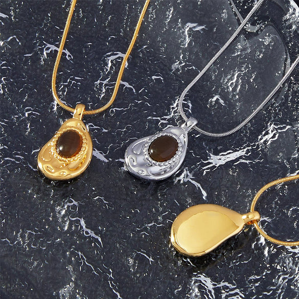 Pendant Necklace Women Copper Tiger Eye Stone 316L Stainless Steel Geometric Style 18K Gold Plated