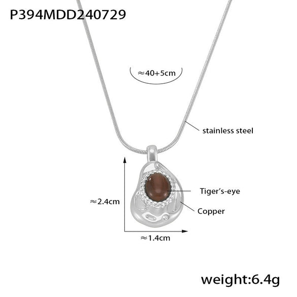 Pendant Necklace Women Copper Tiger Eye Stone 316L Stainless Steel Geometric Style 18K Gold Plated