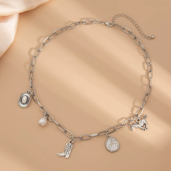 Pendant Necklace Women Iron Chain Alloy Imitation Pearls Geometric Style Electroplating