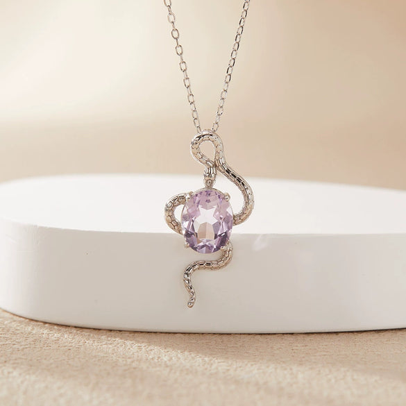 Pendant Necklace Zodiac Snake Natural Colored Topaz Amethyst 925 Sterling Silver Inlaid Animal Pattern