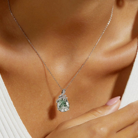 Pendant Snake Coiled Natural Green Moss Stone Agate 925 Silver Geometric Diamond Light Luxury Style