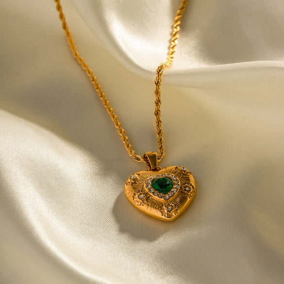 Pendant Stainless Steel Titanium Steel Geometric Love Shaped Electroplated Inlaid Emerald Zircon